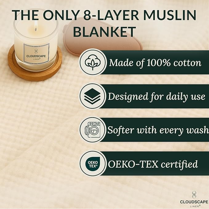 Cloud Scape Linen Extra Large 8-Layer Muslin Throw Blanket, 100% Cotton Gauze Blanket for Couch, Sofa, Bed, Lightweight, Suitable for All Season,50x70, Ivory