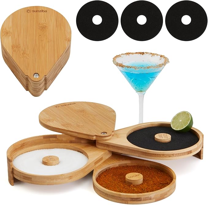 Margarita Salt Rimmer Set | 3-Tier Bamboo Salt Rimmer for Cocktails | Bartender Accessories & Home Bar Gift | Complete Margarita Kit