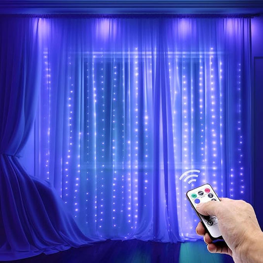 300 LED Curtain String Lights, Twinkle Fairy Lights for Bedroom with 8 Lighting Modes, USB Christmas Lights for Party Home Bedroom Indoor Wall Room Decor (Blue)