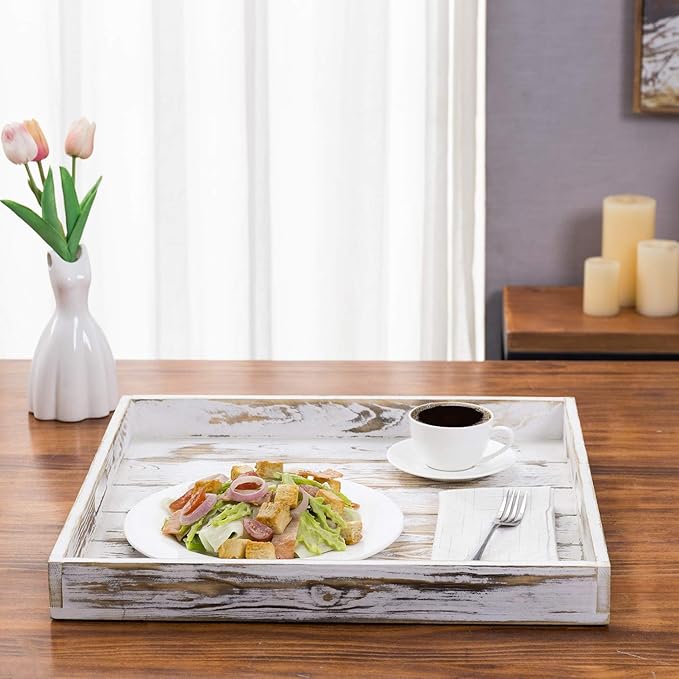 MyGift Whitewashed Wood Large Serving Tray with Handles, 19 Inch Square Decorative Tray for Ottoman, Breakfast, Tea, Coffee Table