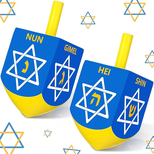 2 Pcs Hanukkah Dreidels Game Toy Extra Large Wooden Dreidel for Hanukkah Decoration with English Transliteration, Forever Spinning Tops Party Favors(Hexagram)