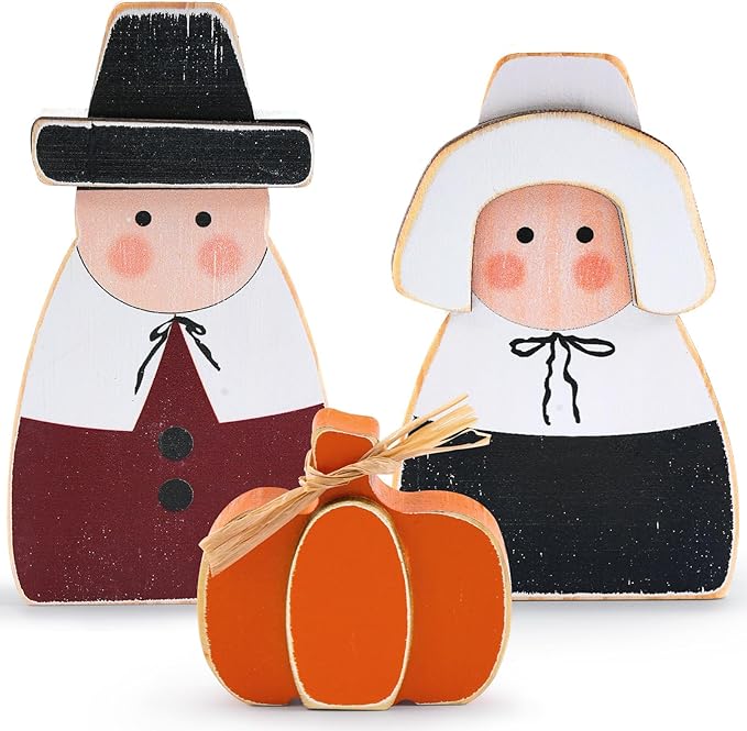 3 Pcs Fall Thanksgiving Decorations Wooden Pumpkin Pilgrim Couple Table Sign Harvest Standing Tabletop Signs for Thanksgiving Fall Home Indoor Decor
