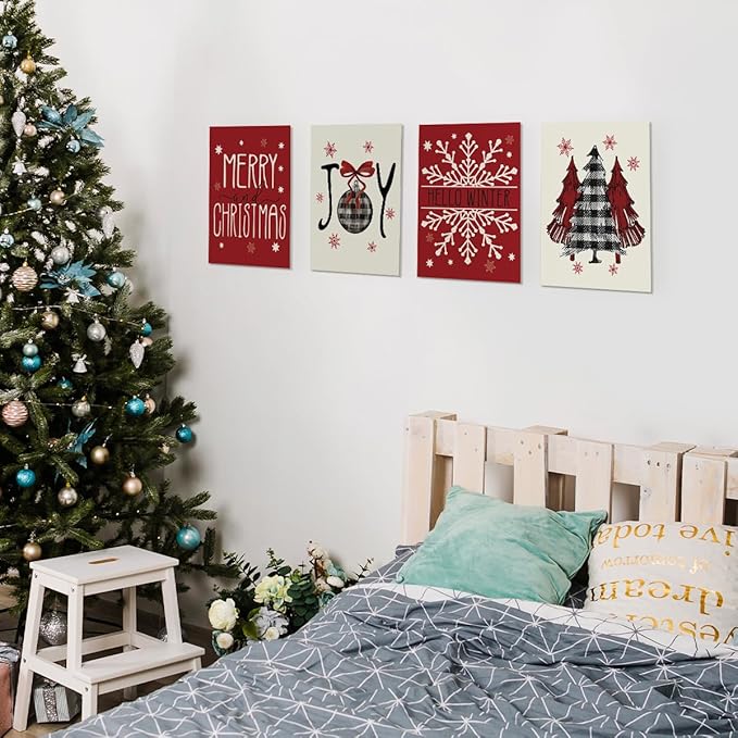 Wheatwin Christmas Wall Decor, Merry Christmas Wall Art Prints Set of 4, Christmas Trees Winter Decor for Farmhouse Living Room Bedroom Office, 8x10 (Unframed)