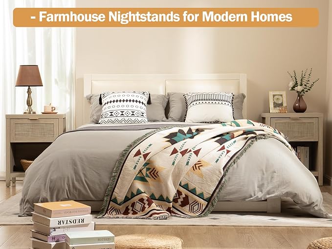 SICOTAS Rattan Night Stands, Farmhouse Nightstand Boho End Side Table Bedside Table with Drawer and Open Shelf for Bedroom, Light Oak