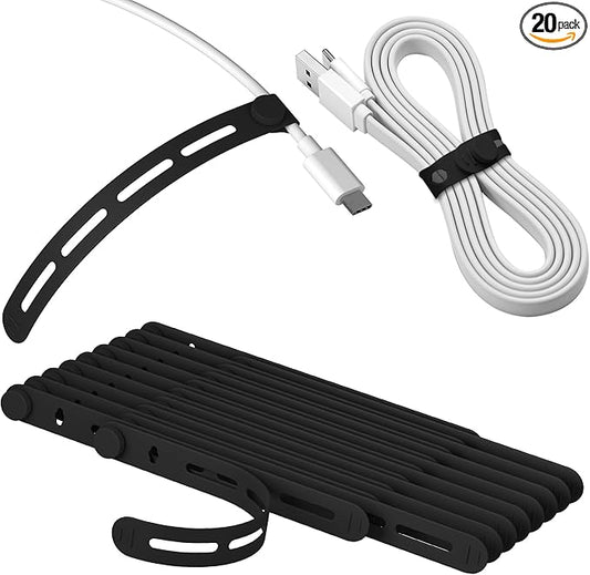 20Pcs Nearockle Silicone Cable Ties, 5.12 Inch Adjustable Cord Organizer Reusable Zip Ties for Charging Cords Earphone Computer Wire, Office Desk Cable Management Travel Accessories(Black)
