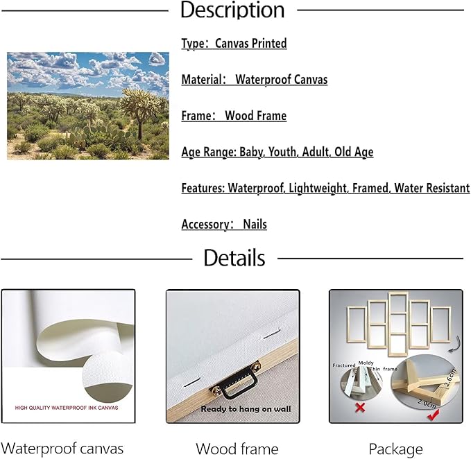 Arizona Desert Cactus Wall Art for Living Room Bedroom Bathroom Home Decorations Beautiful Cactus Landscape Picture Poster Canvas Prints Cactus Framed Artwork Ready to Hang(12''H x 16''W)