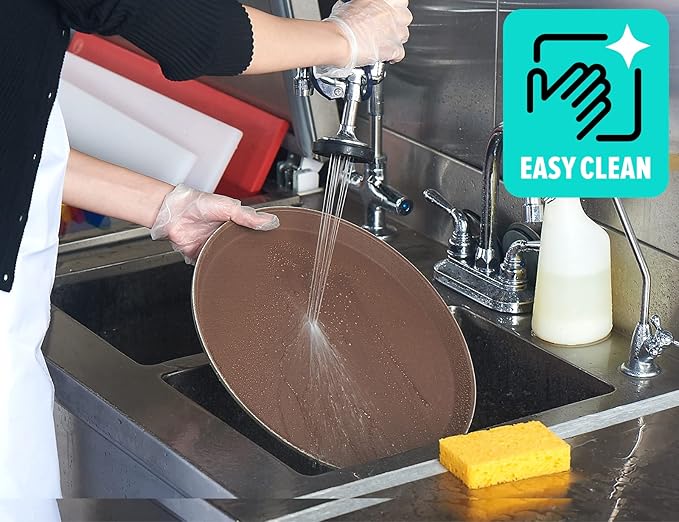 CURTA 2-Pack Restaurant Grade Non-Slip Tray, NSF, 14 Inch, Plastic Rubber Lined Round Serving Tray, Brown