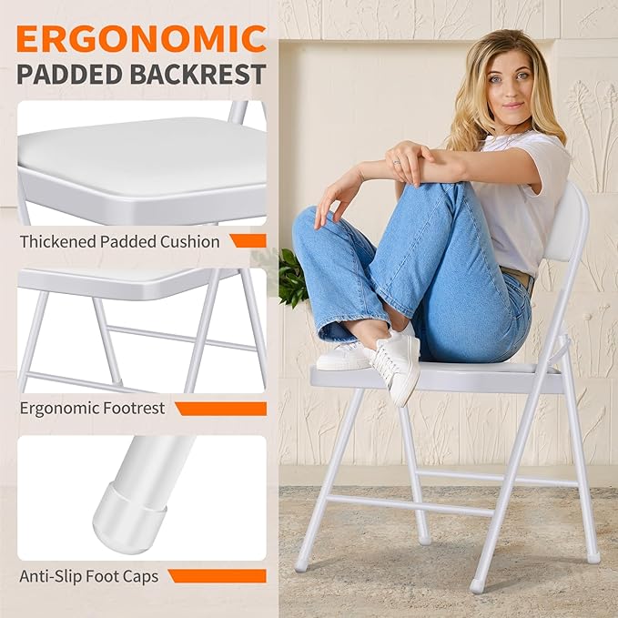 4 Pack Folding Chairs with Cushion – Padded Memory Foam White Seating Space-Saving Foldable Chairs for Indoor Outdoor Weddings, Parties, Backyard & Office Events (White, 4 Pack)