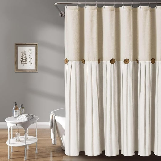 Awellife Extra Long 84 Inch Farmhouse Cream Shower Curtain Button Linen Textured Woven Fabric,Country Style (Linen & Cream, 72" W x 84" L)