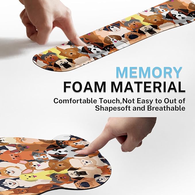 Britimes Ergonomic Mouse Pad Set with Wrist Rest Colorful Doodle Dogs Non-Slip Rubber Base Wrist Cushion Support and Coasters Mousepad with Wrist Support for Computer Keyboard and Desk