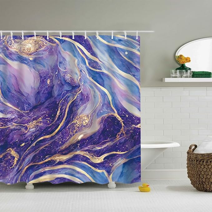Domoku Purple Blue and Gold Marble Shower Curtain,Abstract Modern Bathroom Decor, Waterproof Washable Fabric Shower Curtain, 72 X 72