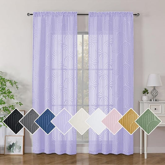 Simplebrand Lavender Semi Sheer Curtains 84 Inches Long 2 Panels, Soft Airy Light Filtering Jacquard Clip Textured Semi Sheer Curtains for Bedroom, Modern Elegant Rod Pocket Window Panels, 42" Wx84 L