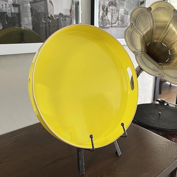 Zosenley Decorative Tray, Round Plastic Tray with Handles, Modern Vanity Tray and Serving Tray for Ottoman, Coffee Table, Kitchen and Bathroom, Size 13” (Yellow)
