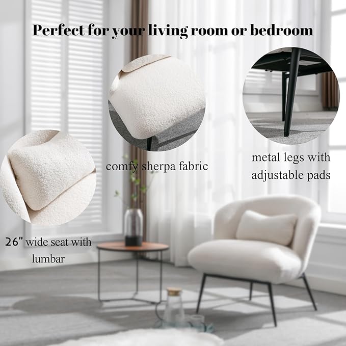 LukeAlon Modern Sherpa Accent Chair Upholstered Single Sofa Chair with Pillow & Black Metal Legs, Comfy Vanity Chair for Living Room, Bedroom, Office, White