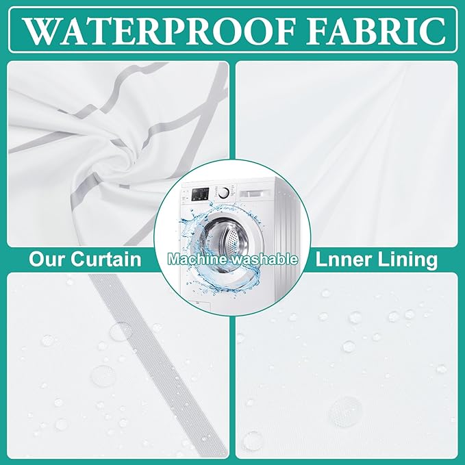 No Hook Ombre Grey White Striped Long Shower Curtain with Snap in Liner Set - Hotel Shower Curtain and Liner Set with See Through Mesh Top Window,Machine Washable, 71x86 INCH