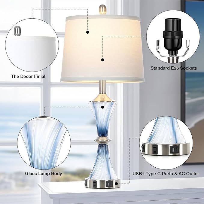 Blue Glass Table Lamp Set of 2 with USB C+A Ports & AC Outlet, Bedside Lamp, Modern Bedroom Lamps, Coastal Lamp for Night Stands Bedroom Living Room,Nightstand Lamp LED Bulbs Included