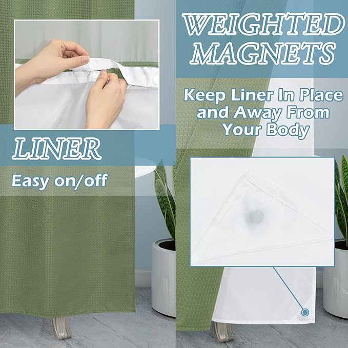 Sage Green Stall Hotel Shower Curtain - 230GSM Waffle Textured Heavy Duty Thick Fabric Shower Curtains for Bathroom,54W x 80H