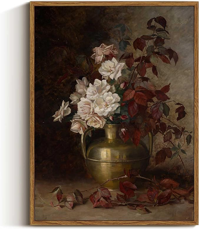 VIYYIEA Floral Framed Wall Art, Rose Bouquet Flower Vintage Art Decor Room Aesthetic, 12x16 Inch Canvas Print Artwork, Farmhouse Still Life Painting Wall Decor for Bedroom Bathroom Office