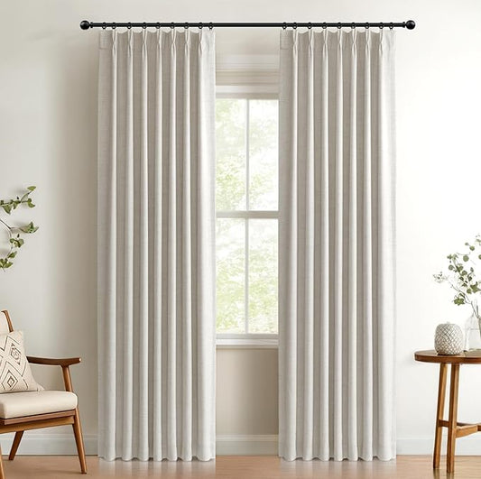 100% Blackout Shield Linen Look Textured Pinch Pleated Curtains Blackout Drapes 102 Inch Long 2 Panels Set, Faux Linen Blackout Curtains for Bedroom & Living Room, 40" W x 102" L, Beige