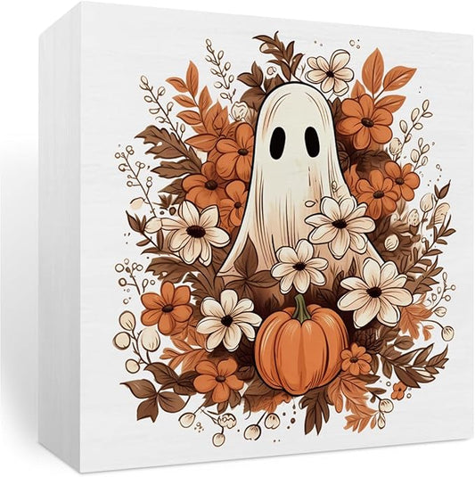 Spooky Ghost Desk Decor,Rustic Wooden Box Halloween Fall Decorations for Home Sarcastic Thanksgiving Pumpkin Decoration Farmhouse Desk Decor Harvest Autumn for Office Shelf Tiered Tray Kitchen Bedroom