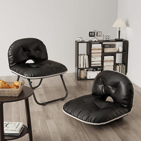 Folding Comfy Saucer Chair, Pu Leather Butterfly Chair, Moon Chair for Indoor & Outdoor, Small Reading Lounge Lazy Chair for Bedroom，Living Room, Dorm Rooms,Small Space (Black)