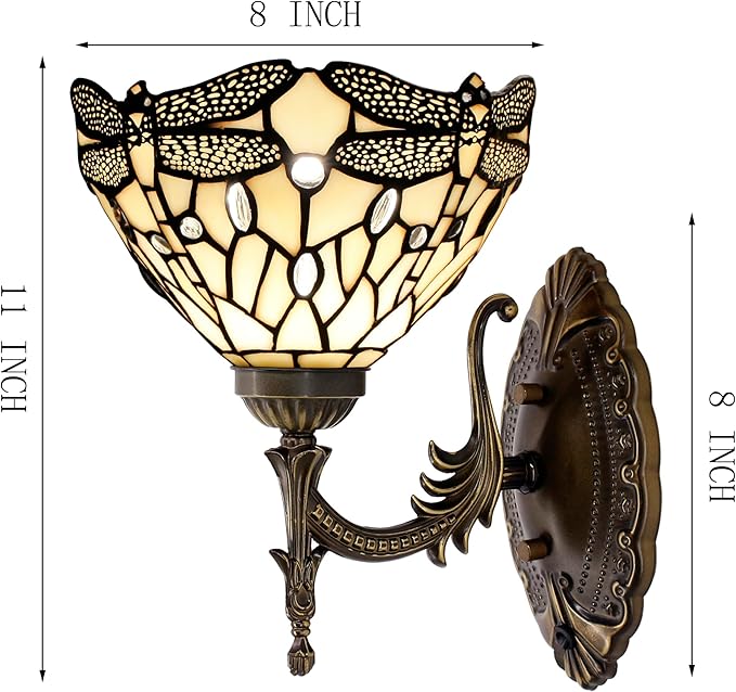 Tiffany Wall Sconce Lamp Blue Stained Glass Flower Style 8X10.5X11 Inch Plug in Wall Bedside Light for Hallway Bedroom (Amber Dragonfly Style)