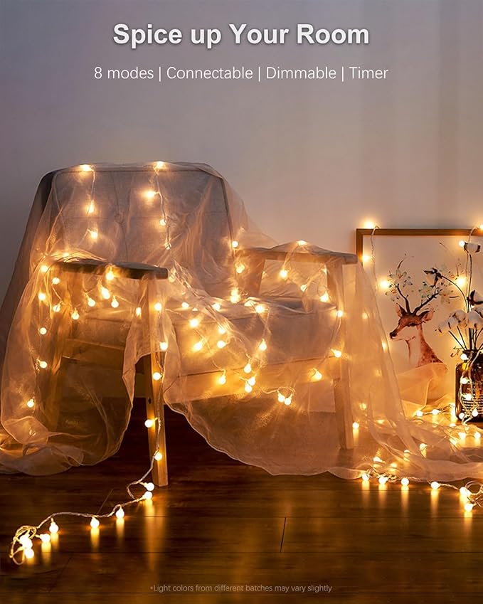 Globe String Lights, 59 Ft 100 LED Christmas Lights with Remote Timer, Connectable Plug in Twinkle Lights for Bedroom Wedding Classroom Indoor Outdoor Decor, Warm White