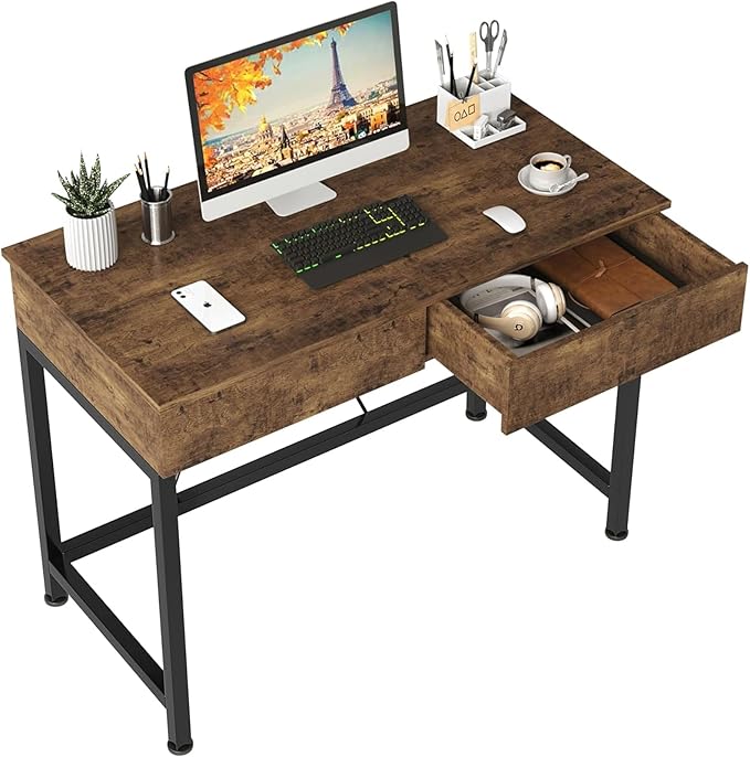 CAIYUN 40“ Small Desk for Bedroom, Computer Desk with 2 Wooden Drawers, Home Office Desk with Storage, Vanity Desk, Kids Study Writing Desk for Small Space, Vintage Table for Bedroom,(Rustic Brown)