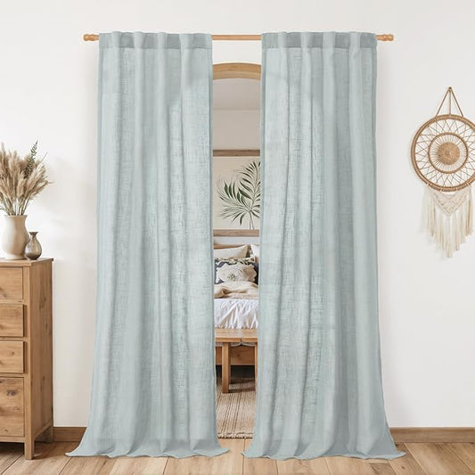 LAMIT Greyish Blue Linen Boho Curtains 80 inch Length 2 Panels, Light Filtering Semi Sheer Panels Back Tab and Rod Pocket Neutral Drapes for Bedroom/Living Room, 34 x 80 Inch