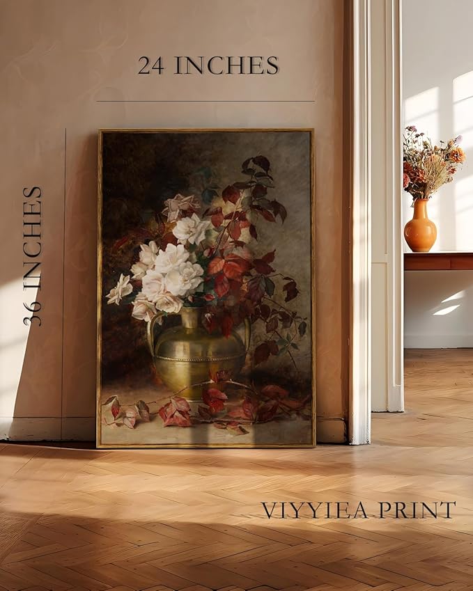 VIYYIEA Vintage Floral Large Framed Wall Art, Rose Bouquet Flower Paintings Decor Aesthetic, 24x36 Inch Canvas Print Artwork, Still Life Retro Wall Pictures for Bedroom Living Room