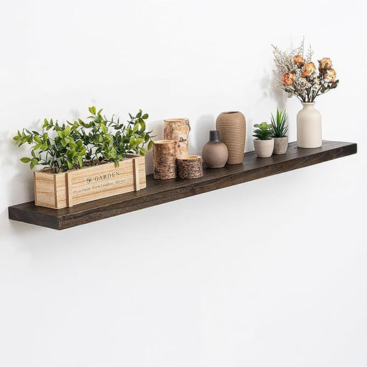 Floating Shelves, 8" Deep Rustic Solid Elm Wood Wall Mounted Floating Shelves, Wall Shelves with Invisible Bracket for Living Room Bathroom Bedroom Kitchen, 48 Inch, Walnut