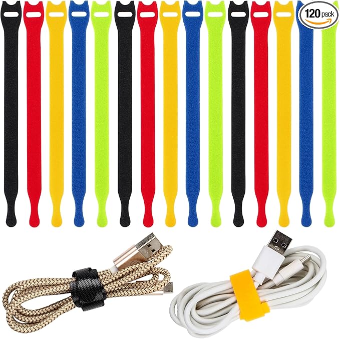 OneLeaf 120PCS Cord Organizer 6in Cable Ties Reusable with Hook and Loop, Colorful Fastening Cord Ties Wire Management for Home, Office, Data Centers, and Electronics, 5 colors