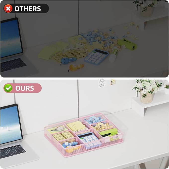 Marbrasse Pink Desk Drawer Organizer, Metal Mesh Drawer Organizer Tray with 5 Adjustable Compartments,Desk Organizers and Accessories for Home,Office,Kitchen,Makeup,Vanity (Pink)