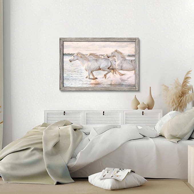 Horse Wall Art Wood Decor: Horses Running Large Framed Picture Wild Animal Print Painting Modern Wildlife Artwork Decoration for Home Office Living Room 45 x 30 Inches