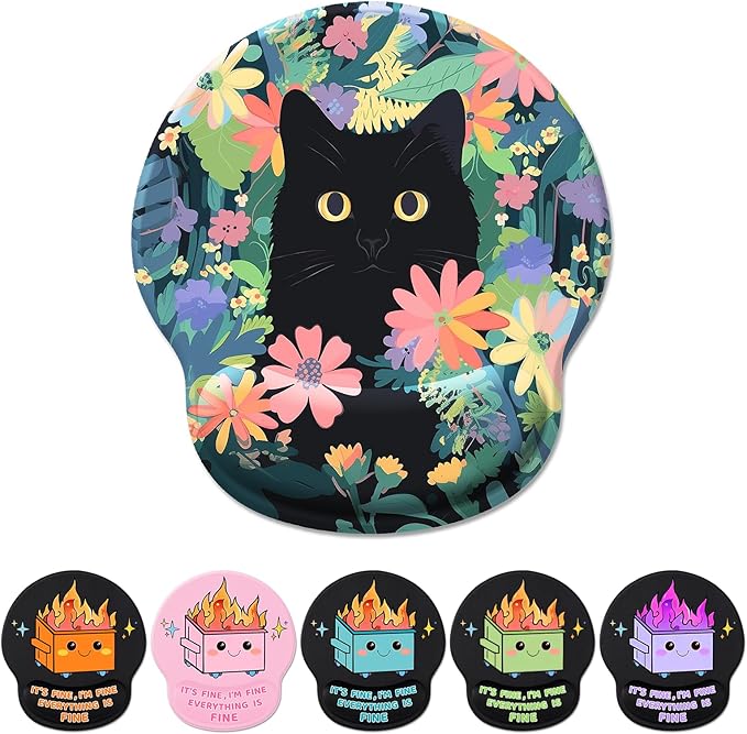 Ergonomic Mouse Pad Wrist Support, Flower Cat Mouse Pads with Wrist Rest, Cute Funny Computer Mousepad with Non-Slip PU Base, Comfortable Mouse Pad for Desk Accessories Office Supplies Decor
