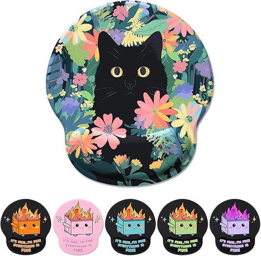 Ergonomic Mouse Pad Wrist Support, Flower Cat Mouse Pads with Wrist Rest, Cute Funny Computer Mousepad with Non-Slip PU Base, Comfortable Mouse Pad for Desk Accessories Office Supplies Decor