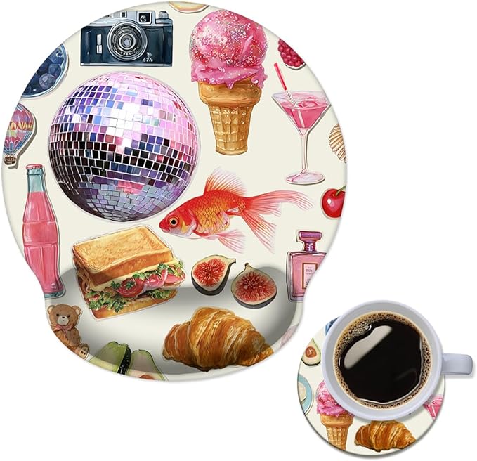 Mouse Pad with Wrist Support, Ergonomic Mouse Pad with Memory Foam Wrist Rest Cushion, Non-Slip Rubber Base Gaming Mice Pad for Home Office Computer Laptop,Girly Stickers