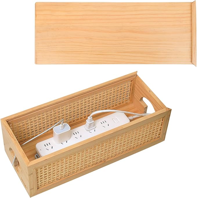 HTB Pinewood Cable Management Box with Bamboo Rattan Mesh - Vintage Cord Organizer for Desk with Valet Tray, Pull-Out Lid Design Safe for Kids and Pets