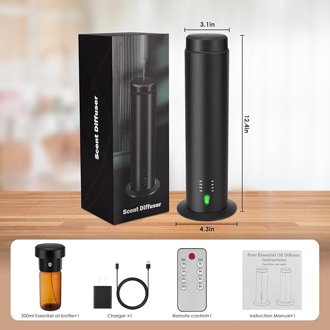 Waterless Essential Oil Diffuser for Homes, Offices, Hotels, Spas, 200ML Capacity, 1500 Sq Ft Coverage, Remote Control, Black Aluminum Alloy