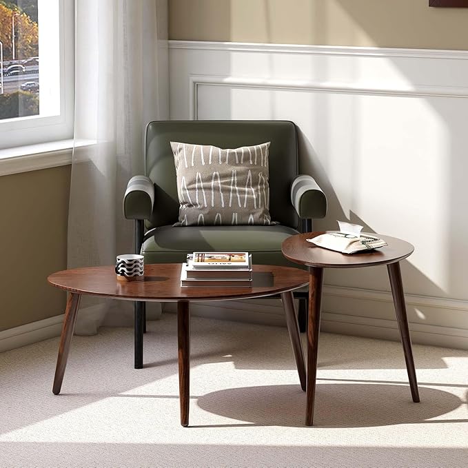 Small Oval Coffee Table, Mid Century Modern Coffee Table for Living Room, 100% Solid Oak Wood Side Table End Tables for Home (Walnut Wood Color, 33.46''x22.83''x15.74'')