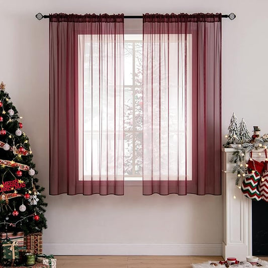 MIULEE 2 Panels Solid Color Sheer Christmas Window Curtains Elegant Window Voile Panels/Drapes/Treatment for Bedroom Living Room (54X54 Inches Wine Red)