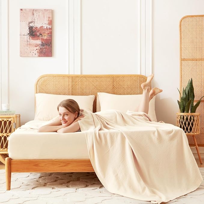 Twin Sheets Set 100% Cotton Bed Sheets Gauze 3 Pcs Linen Like Textured Beige Fall 16" Deep Pocket Sheet & Pillowcase Sets Boho Muslin Soft Bedding Sets for All Season Machine Wash