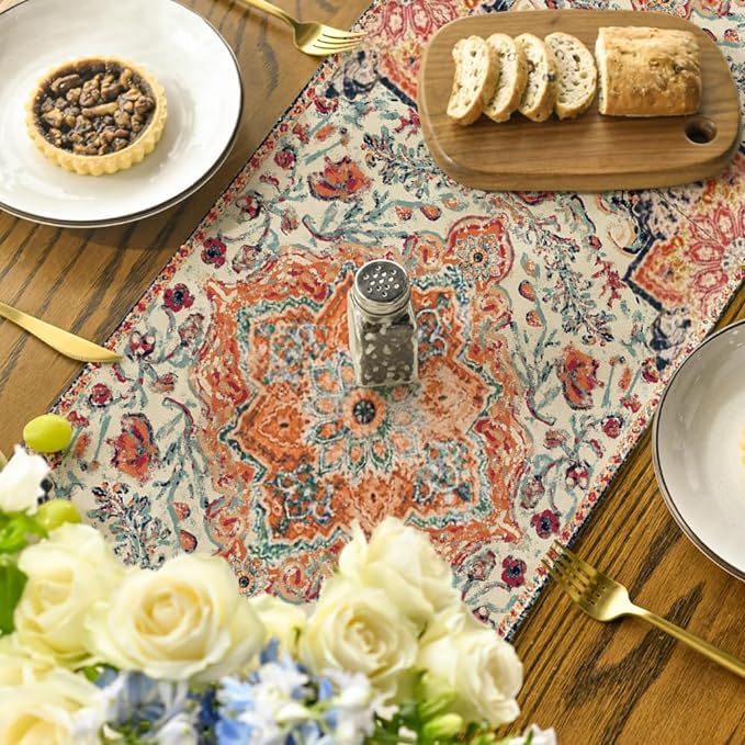 Artoid Mode Boho Bohemia Style Orange Table Runner, Country Rustic Farmhouse Magical Fall Kitchen Dining Table Decoration for Home Party Decor 13x60 Inch