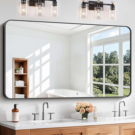 Bathroom Mirror, 30"x55" Black Rectangle Wall Mirror, Metal Frame Rounded Corner Vanity Mirror, Large Wall Mounted Mirror for Modern Bedroom Living Room Horizontal Or Vertical Mounting