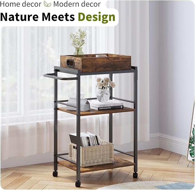 3-Tier Bar Cart for The Home, Rolling Cart with Wheels and Handle, 3-Tier Serving Cart with Removable Tray, Kitchen Carts on Wheels with Storage