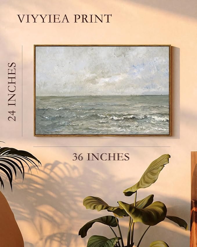 VIYYIEA Ocean Landscape Large Framed Wall Art, Seascape Vintage Paintings Art Decor Aesthetic, Canvas Print Artwork, Calming Sea Wall Pictures for Bedroom Bathroom Office, 24x36 Inch