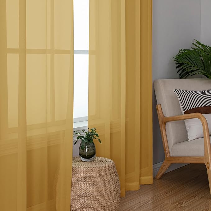 Aiyufeng Gold Sheer Curtain 84 Inches Long 2 Panels Set, Light Filtering Gold Window Curtain Drapes Treatment for Kitchen, Bedroom,Children Room, Dual Rod Pocket, 2 Pack of 42 x 84"