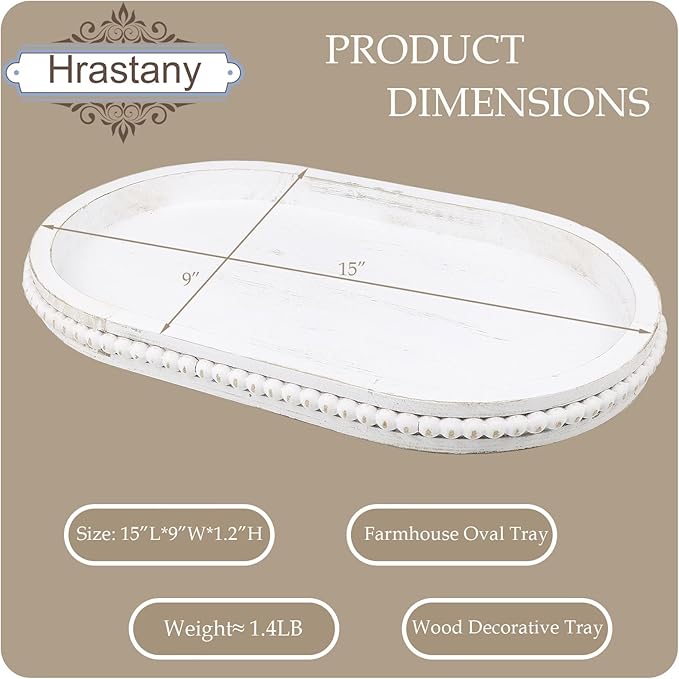 Oval Wood Serving Tray with Wooden Beads, Outdoor Farmhouse Decorative Tray for Ottoman, Coffee Table, Kitchen Counter Organizer, Home Decor(Whitewashed)