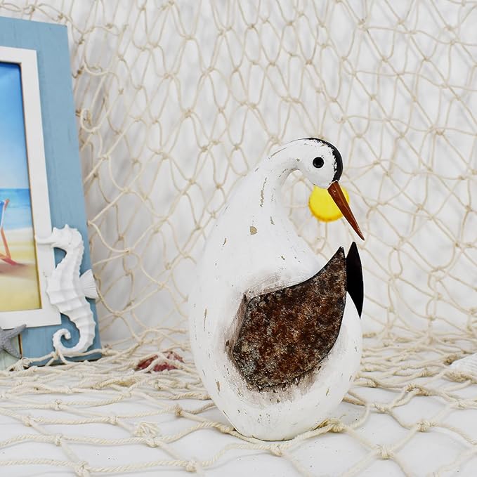 Wood Bird Statue Nautical Decor Decorative Rustic Seabird Sculpture Wooden Beach Themed Coastal Mediterranean Tabletop Decoration for Home Bathroom Living Room (M)