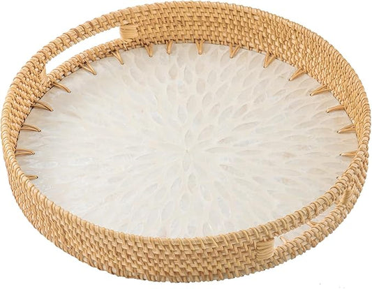 13.8 in Round Rattan Serving Tray with Handle, Mother of Pearl Inlay Wooden Base, Decorative Wicker for Table, Kitchen Island & Home Decor (White Leaf)